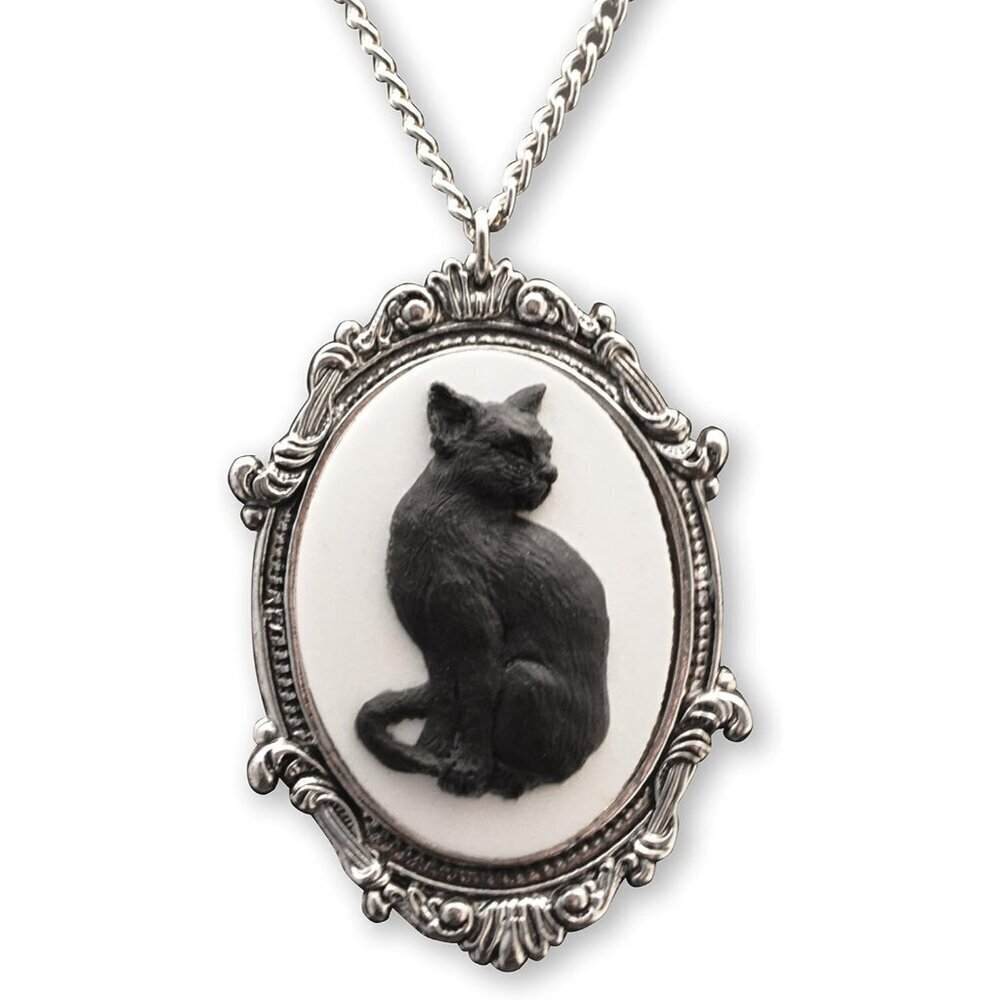 Elegant Black Cat Cameo Pendant Necklace Silver